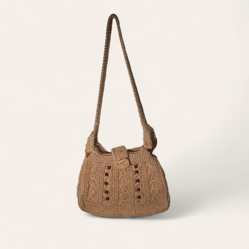Vintage 1970's Macrame Crochet Handcrafted Bohemian Tan Shoulder Bag